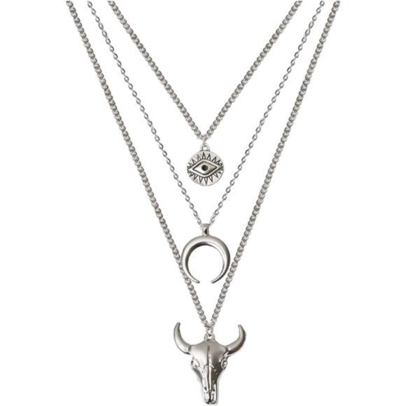 Western Layered Necklace – Evil Eye, Bull Head & Moon Pendant, Adjustable - Picture 2 of 4